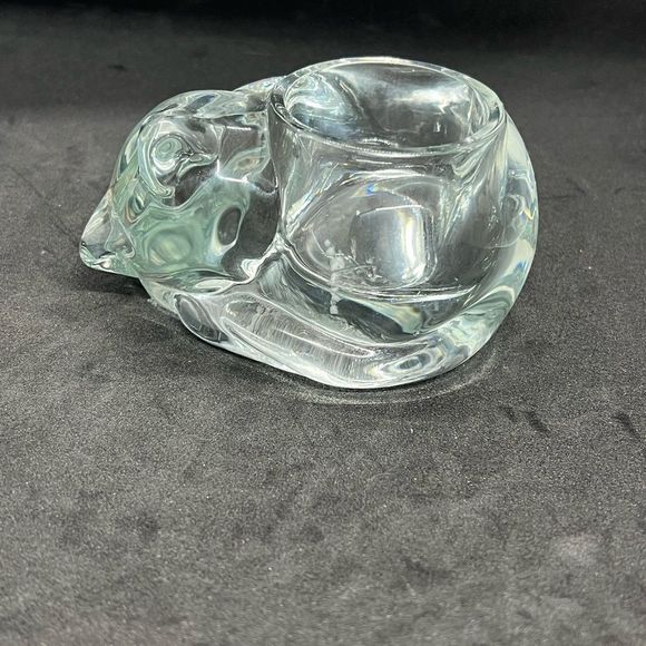 VTG Indiana Glass 5” Crystal Lazy Sleeping Cat Votive Tealight Candle Holder - Picture 3 of 14